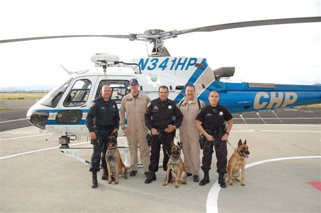 back row Richmond PD K9 Officers Avila, Palma and Mandell with CHP pilots, front row Richmond PD K9 Bosco, Ronin and Rasp all protected by K9 Armor as they fly to your rescue!