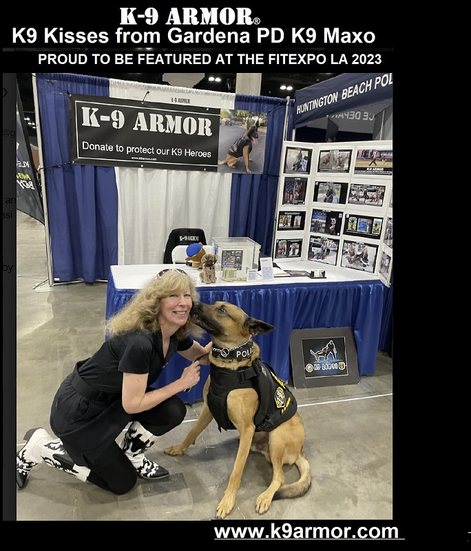 K9 Kisses from K9 Armor cofounder Suzanne and Gardena PD K9 Maxo at FitExpo 2023 in LA
