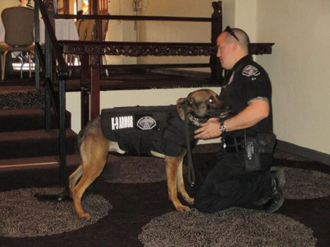 K9 Armor cofounder Suzanne Saunders donating vests to Riverside PD Officer Darrell Hill for K9 Noran and on the right, Hemet PD Officer Matthew Gomez for K9 Jack. Pictures by Brian Rokos for the Press Enterprise click the pictures to open the article.