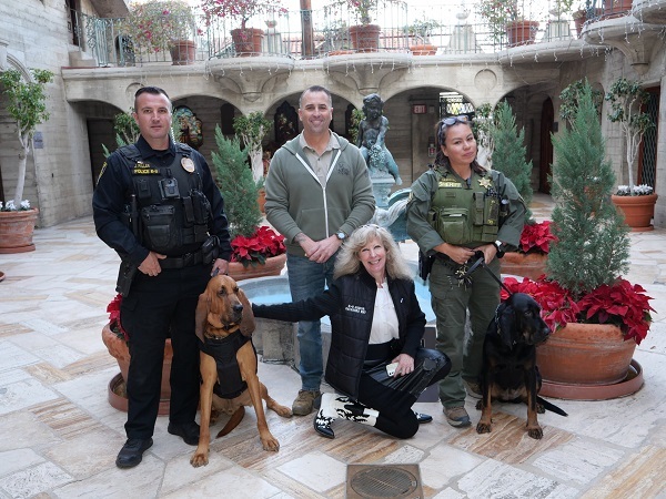 Riverside PD Officer Miller and Ruger, K-9 Armor cofounders Riverside Sheriff Corporal Hurd and Suzanne Saunders, Deputy Sandoval and K9 Raven who received her K-9 ARMOR vest sponsored by SOAR Animal Rescue