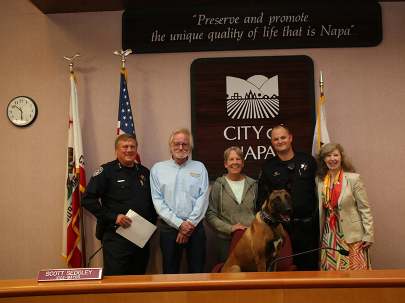 Napa Police Chief Potter, Thomas and Sheri Hundley of Napa, Napa PD K9 Rocky & Officer Brett Muratori and K9 Armor cofounder Suzanne Saunders