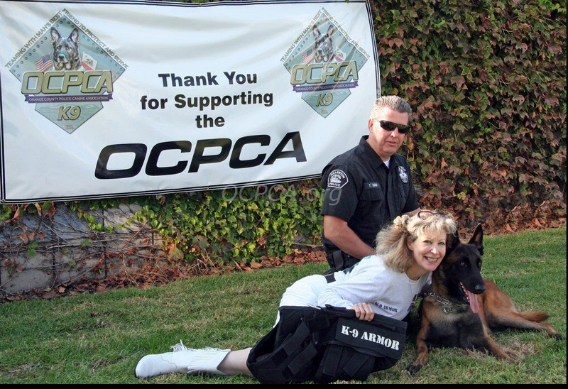 Fullerton PD Officer Tim Haid with K9 Rotar and K9 Armor cofounder Suzanne Saunders