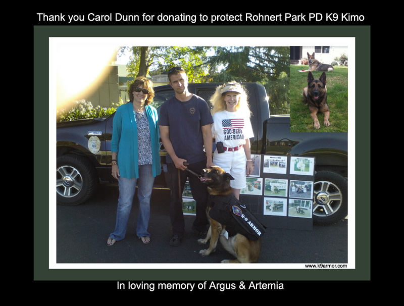 Rohnert Park PD K9 Kimo wears his K-9 Armor vest thanks to a donation by Carol Dunn pictured left with Officer Matt Snodgrass and K9 Armor Co-Founder, Suzanne Saunders