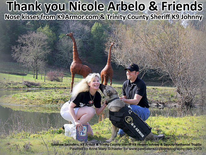 Trinity County Sheriff Deputy Trujillo and K9 Johnny giving K9 Kisses to Suzanne Saunders for his K9 Armor vest paid by donations from Nicole Arbelo and K9 Heroes fans