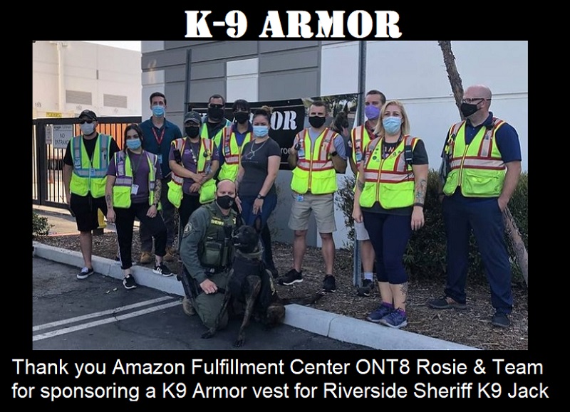 Riverside Sheriff Deputy Patrick Mushinskie and K9 Jack with sponsor Rosie Arias, Amazon Fulfillment Center manager and team