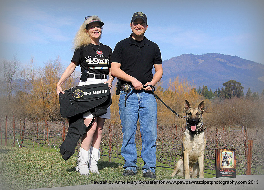 Trinity County Sheriff Deputy Trujillo and K9 Johnny with Suzanne Saunders holding his K9 Armor vest paid by donations from Nicole Arbelo and K9 Heroes fans